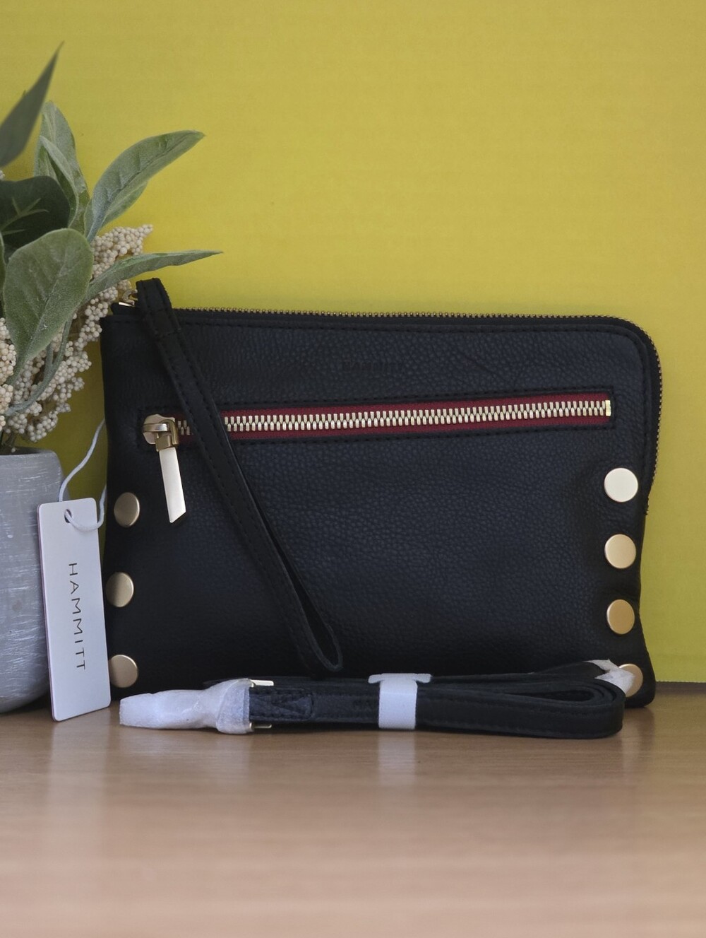 Hammitt Black Leather Wristlet with Gold Studs and Red Zip Trim - Picture 2 of 7